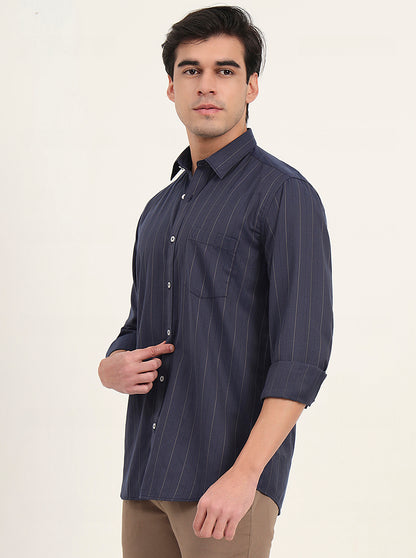 Navy Blue Striped Slim Fit Semi Casual Shirt | Greenfibre