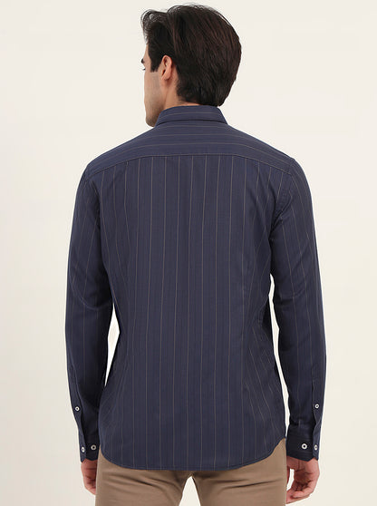Navy Blue Striped Slim Fit Semi Casual Shirt | Greenfibre