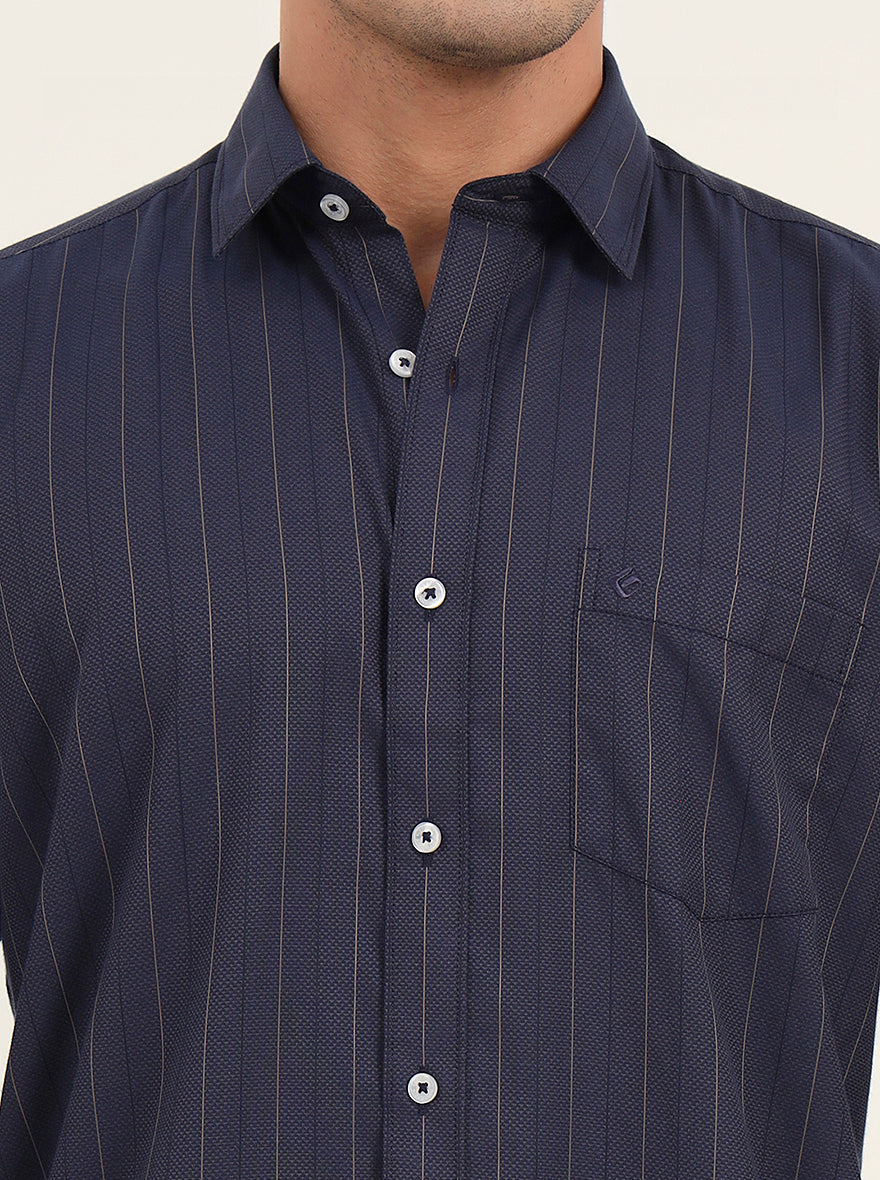 Navy Blue Striped Slim Fit Semi Casual Shirt | Greenfibre