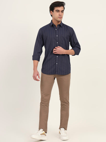Navy Blue Striped Slim Fit Semi Casual Shirt | Greenfibre