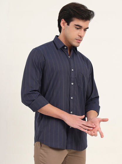 Navy Blue Striped Slim Fit Semi Casual Shirt | Greenfibre