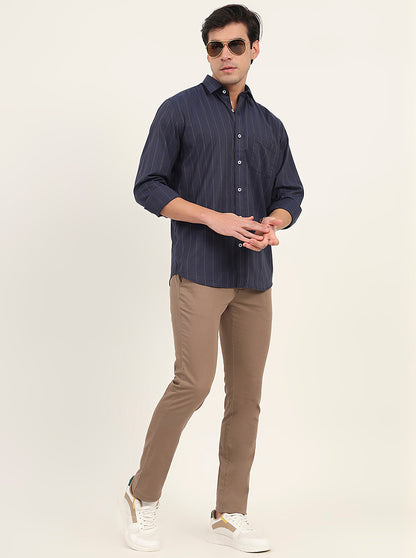 Navy Blue Striped Slim Fit Semi Casual Shirt | Greenfibre