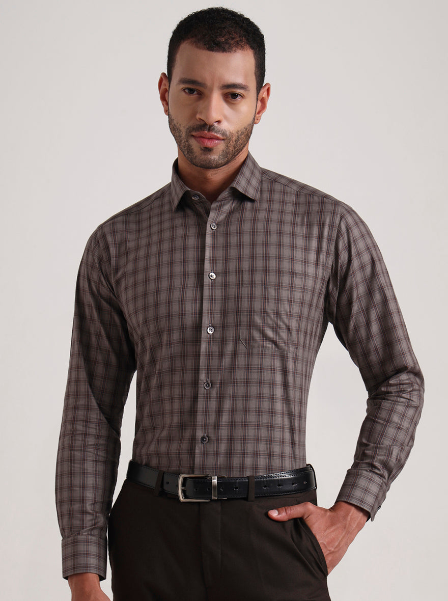 Brown Checked Slim Fit Formal Shirt | Metal