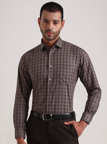 Brown Checked Slim Fit Formal Shirt | Metal