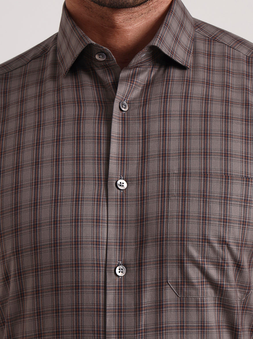 Brown Checked Slim Fit Formal Shirt | Metal