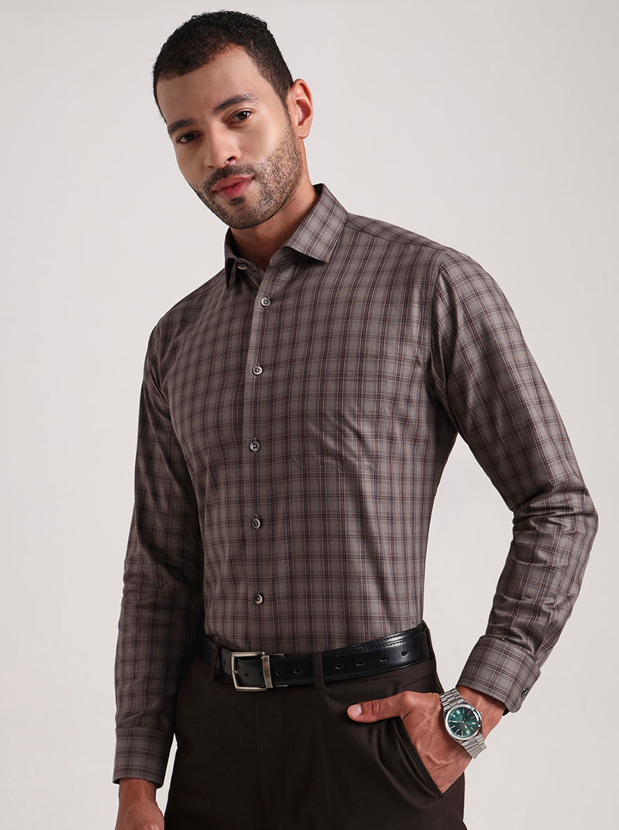 Brown Checked Slim Fit Formal Shirt | Metal
