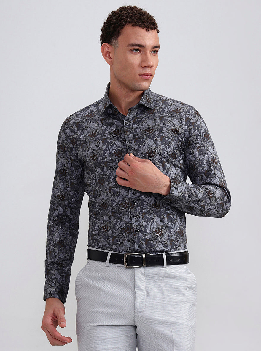 Grey Printed Slim Fit Party Wear Shirt | Wyre