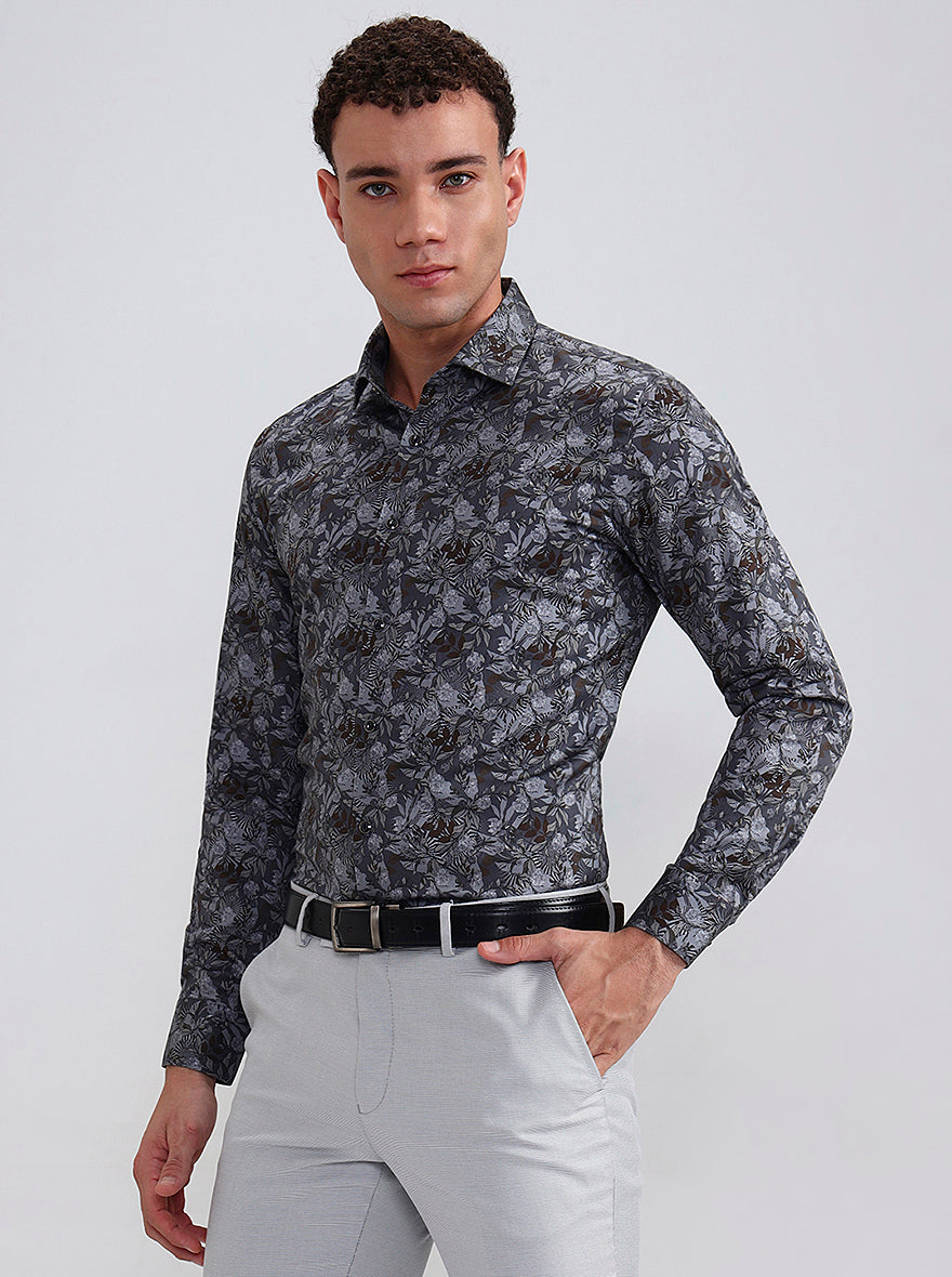 Grey Printed Slim Fit Party Wear Shirt | Wyre