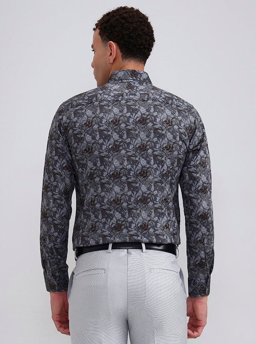 Grey Printed Slim Fit Party Wear Shirt | Wyre
