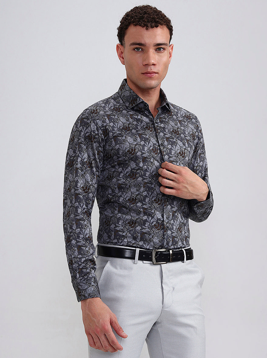 Grey Printed Slim Fit Party Wear Shirt | Wyre