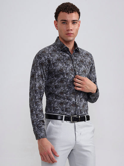 Grey Printed Slim Fit Party Wear Shirt | Wyre