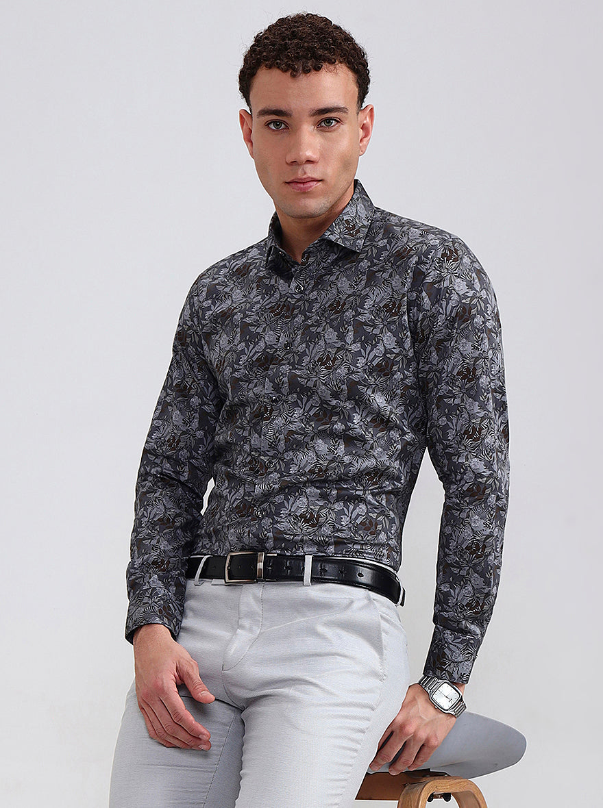Grey Printed Slim Fit Party Wear Shirt | Wyre