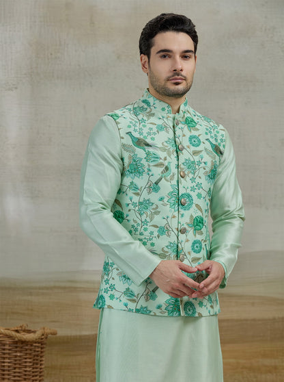 Green Printed Kurta Pajama with Koti | TULA