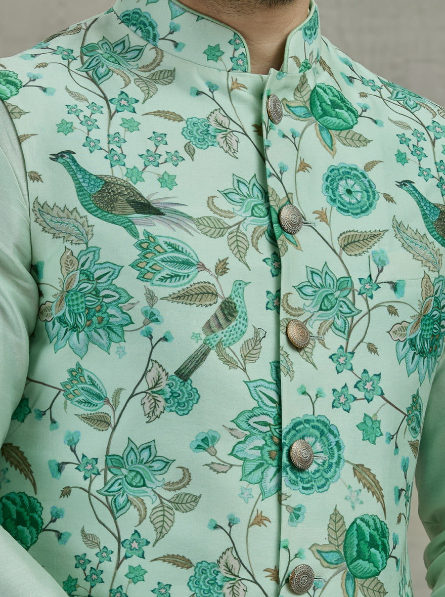 Green Printed Kurta Pajama with Koti | TULA