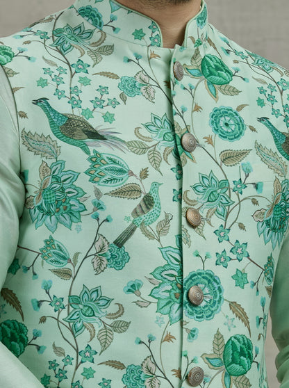 Green Printed Kurta Pajama with Koti | TULA