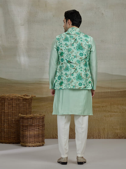 Green Printed Kurta Pajama with Koti | TULA