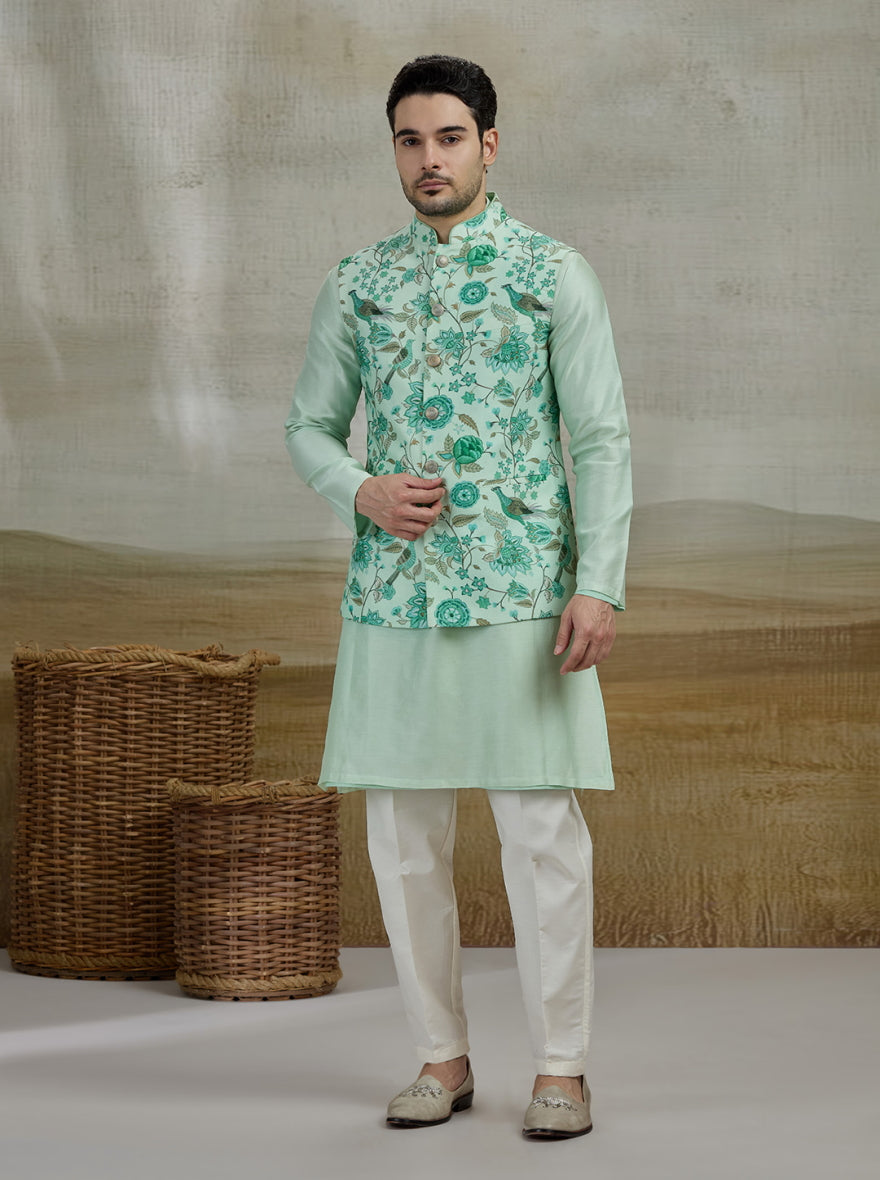 Green Printed Kurta Pajama with Koti | TULA