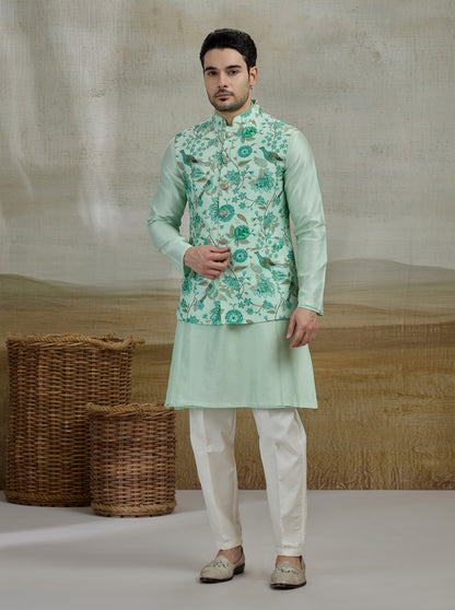 Green Printed Kurta Pajama with Koti | TULA