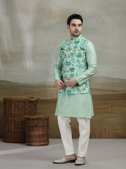 Green Printed Kurta Pajama with Koti | TULA