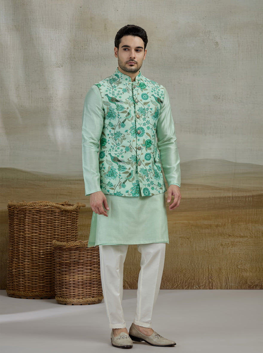 Green Printed Kurta Pajama with Koti | TULA