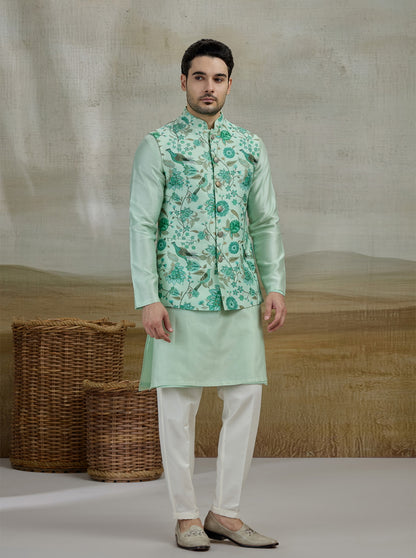 Green Printed Kurta Pajama with Koti | TULA