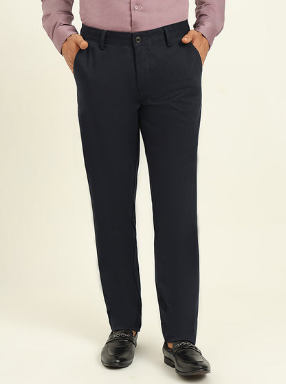 Navy Blue Printed Uno Fit Casual Trouser | JadeBlue