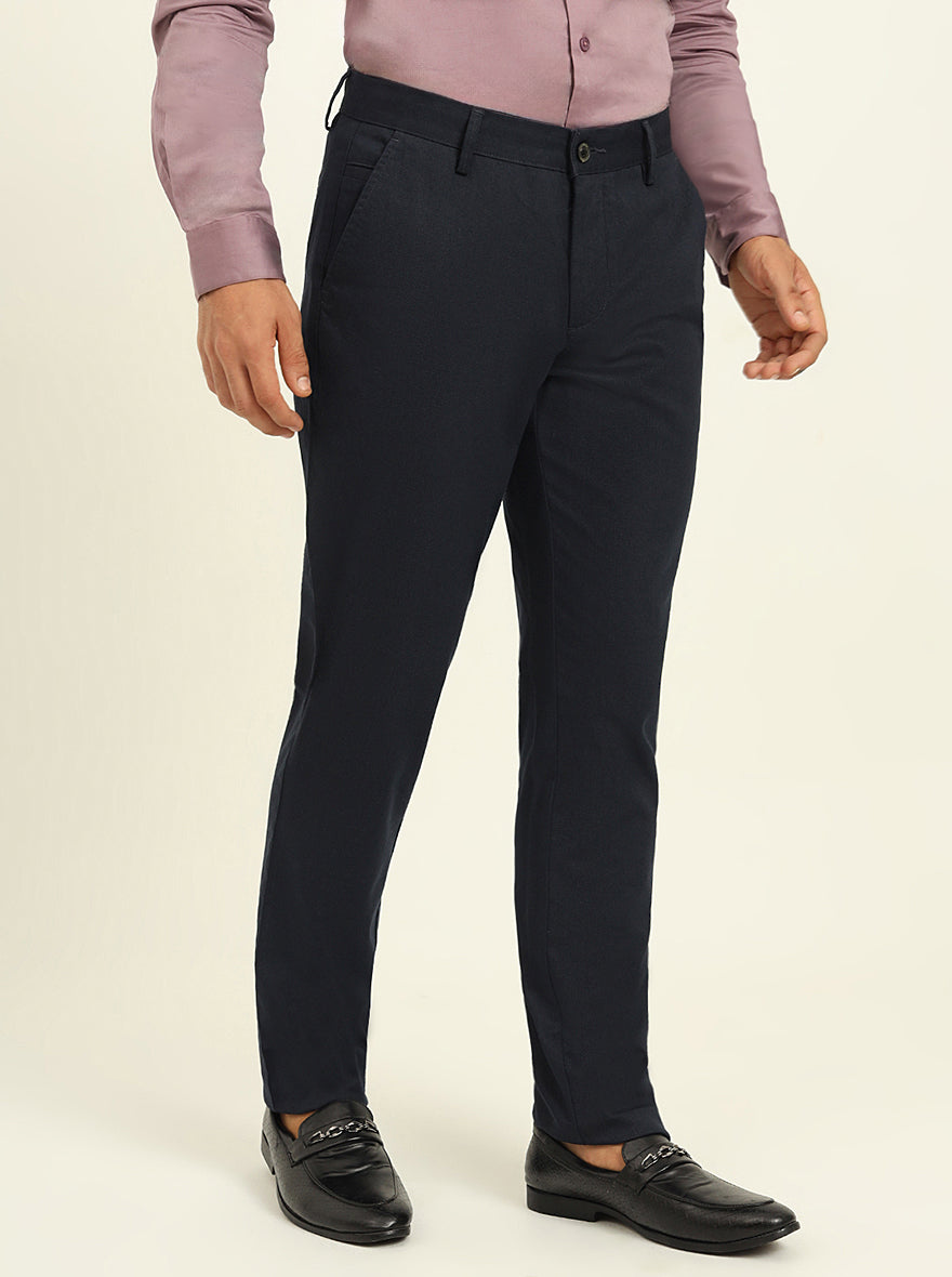 Navy Blue Printed Uno Fit Casual Trouser | JadeBlue