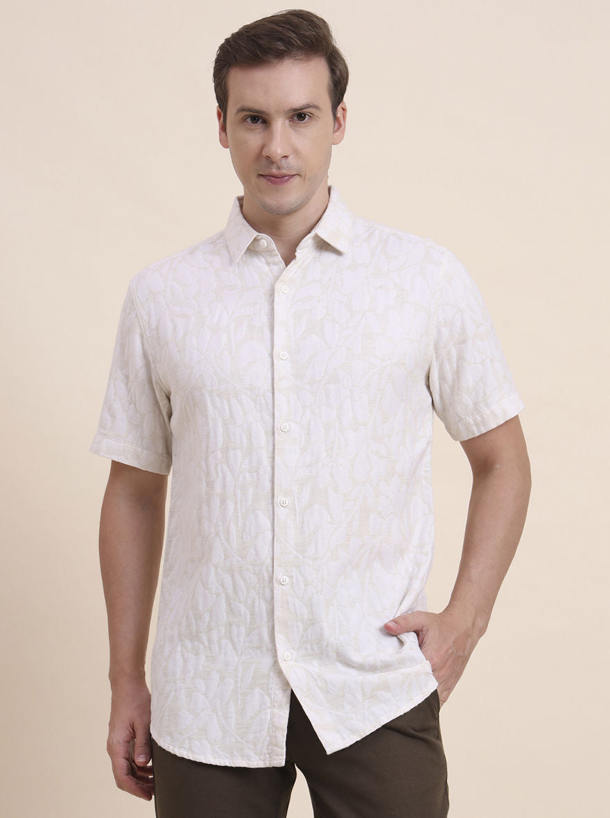 Beige Printed Slim Fit Casual Shirt | JadeBlue