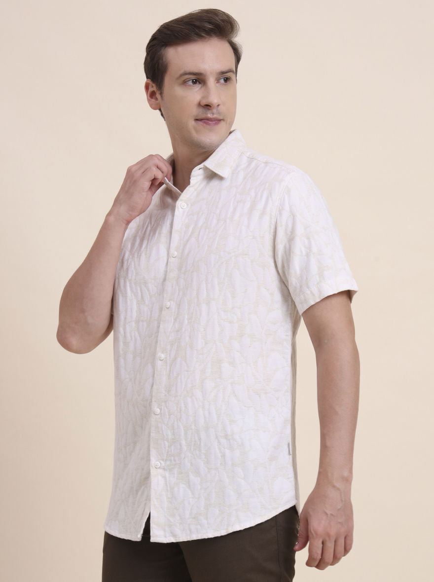 Beige Printed Slim Fit Casual Shirt | JadeBlue
