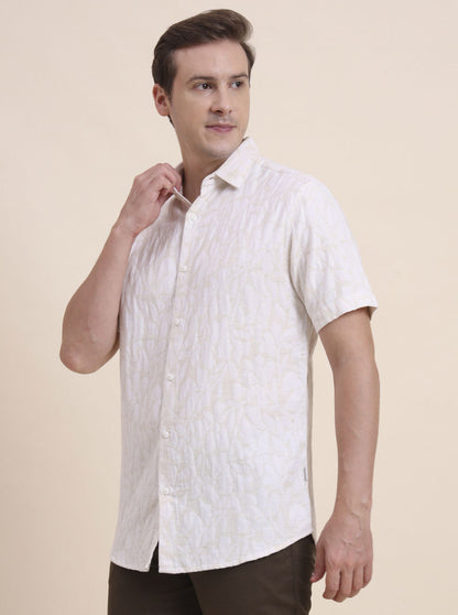 Beige Printed Slim Fit Casual Shirt | JadeBlue