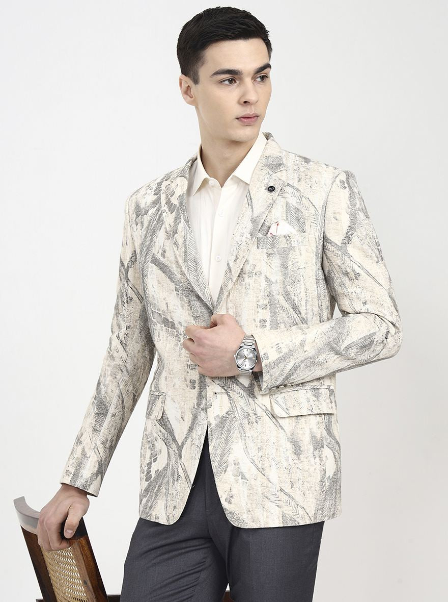Cream Printed Regular Fit Blazer | Wyre