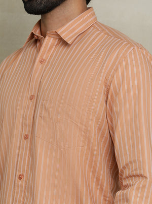 Orange Striped Tailored Fit Semi Casual Shirt | JadeBlue