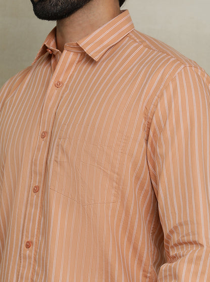 Orange Striped Tailored Fit Semi Casual Shirt | JadeBlue