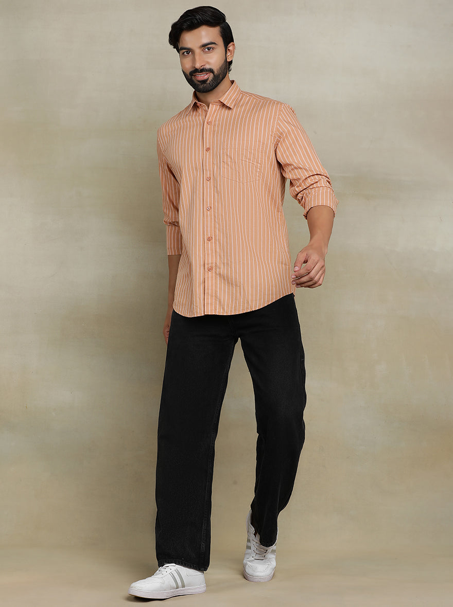 Orange Striped Tailored Fit Semi Casual Shirt | JadeBlue