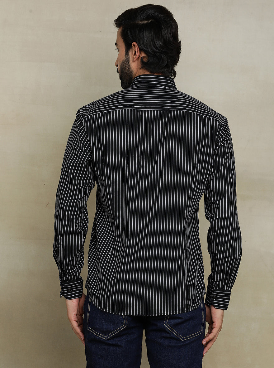 Black Striped Tailored Fit Semi Casual Shirt | JadeBlue