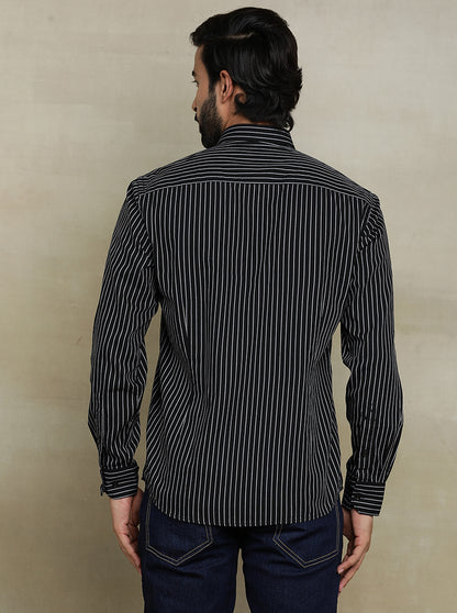 Black Striped Tailored Fit Semi Casual Shirt | JadeBlue