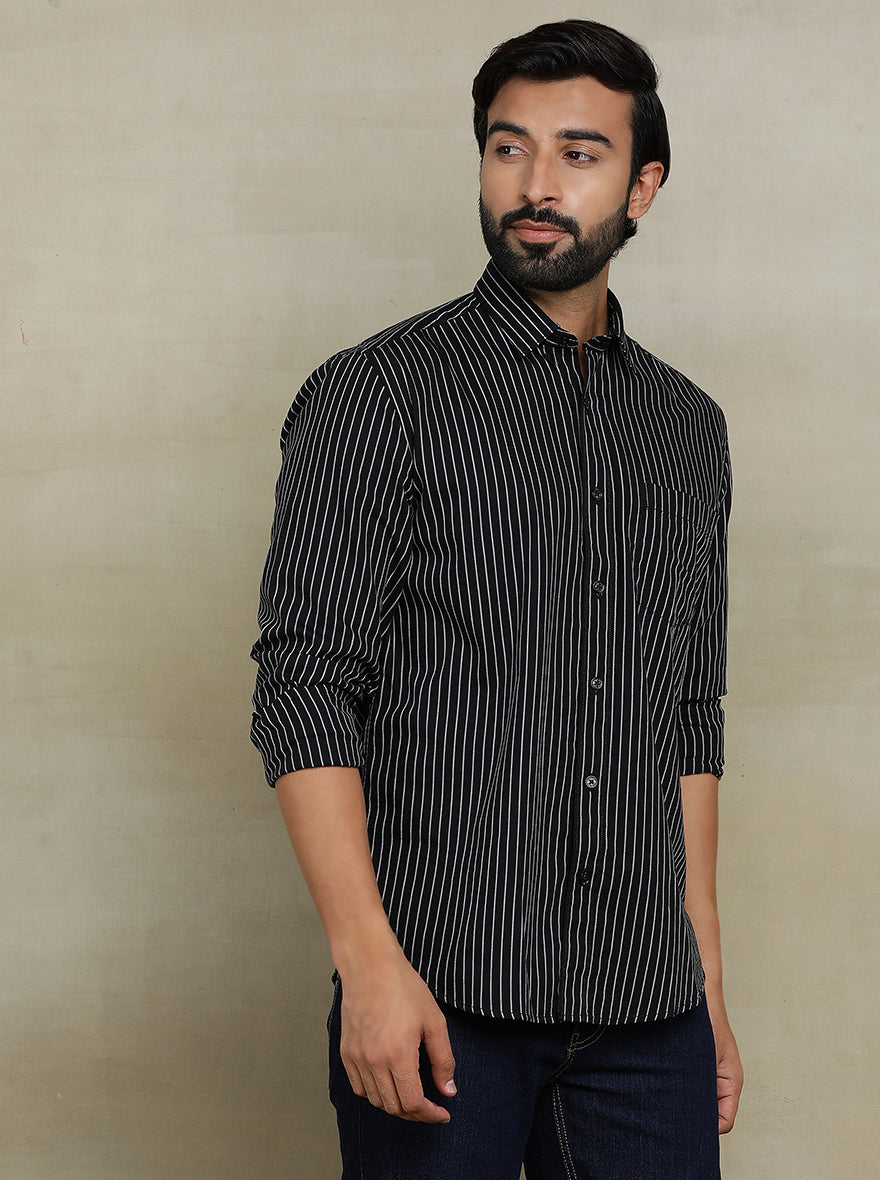 Black Striped Tailored Fit Semi Casual Shirt | JadeBlue