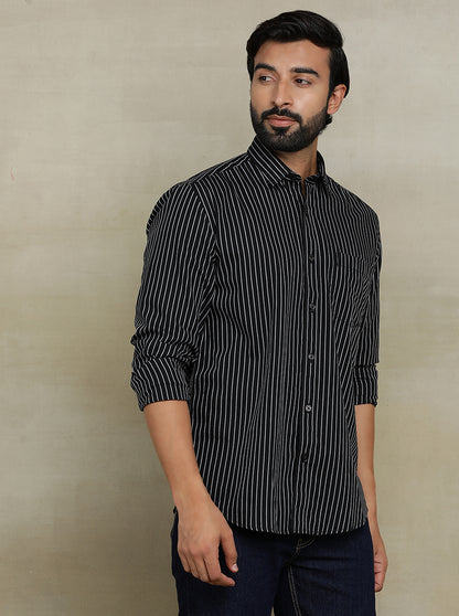 Black Striped Tailored Fit Semi Casual Shirt | JadeBlue