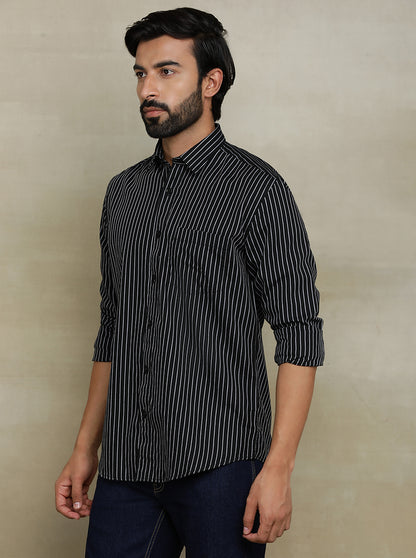 Black Striped Tailored Fit Semi Casual Shirt | JadeBlue