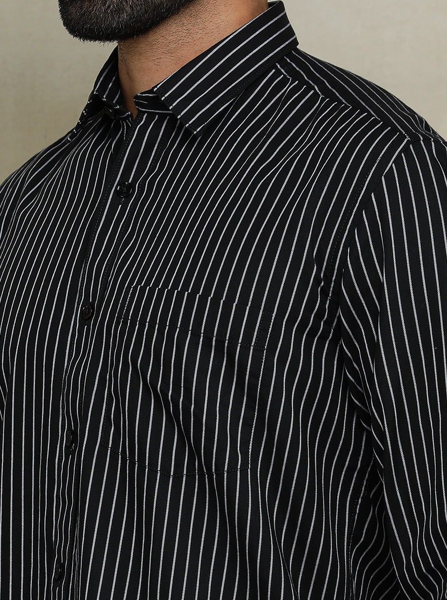 Black Striped Tailored Fit Semi Casual Shirt | JadeBlue