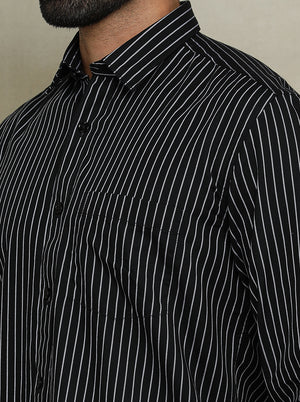 Black Striped Tailored Fit Semi Casual Shirt | JadeBlue