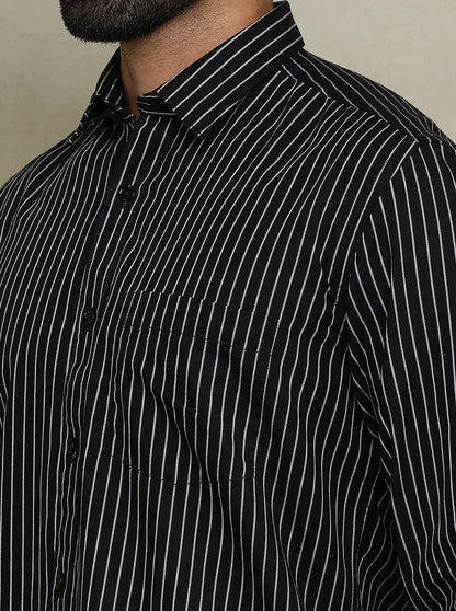 Black Striped Tailored Fit Semi Casual Shirt | JadeBlue