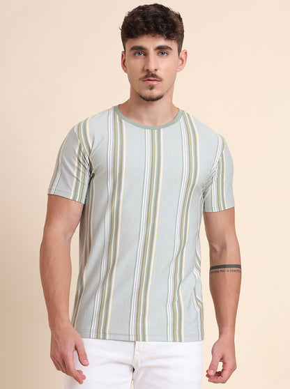 Pista Green Striped Slim Fit T-Shirt | JadeBlue