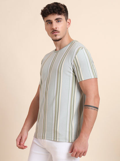 Pista Green Striped Slim Fit T-Shirt | JadeBlue