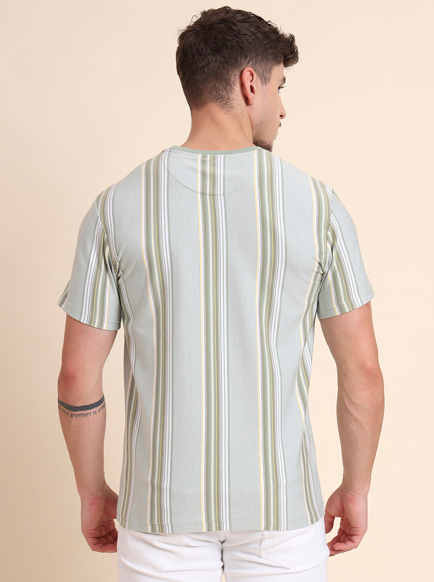 Pista Green Striped Slim Fit T-Shirt | JadeBlue