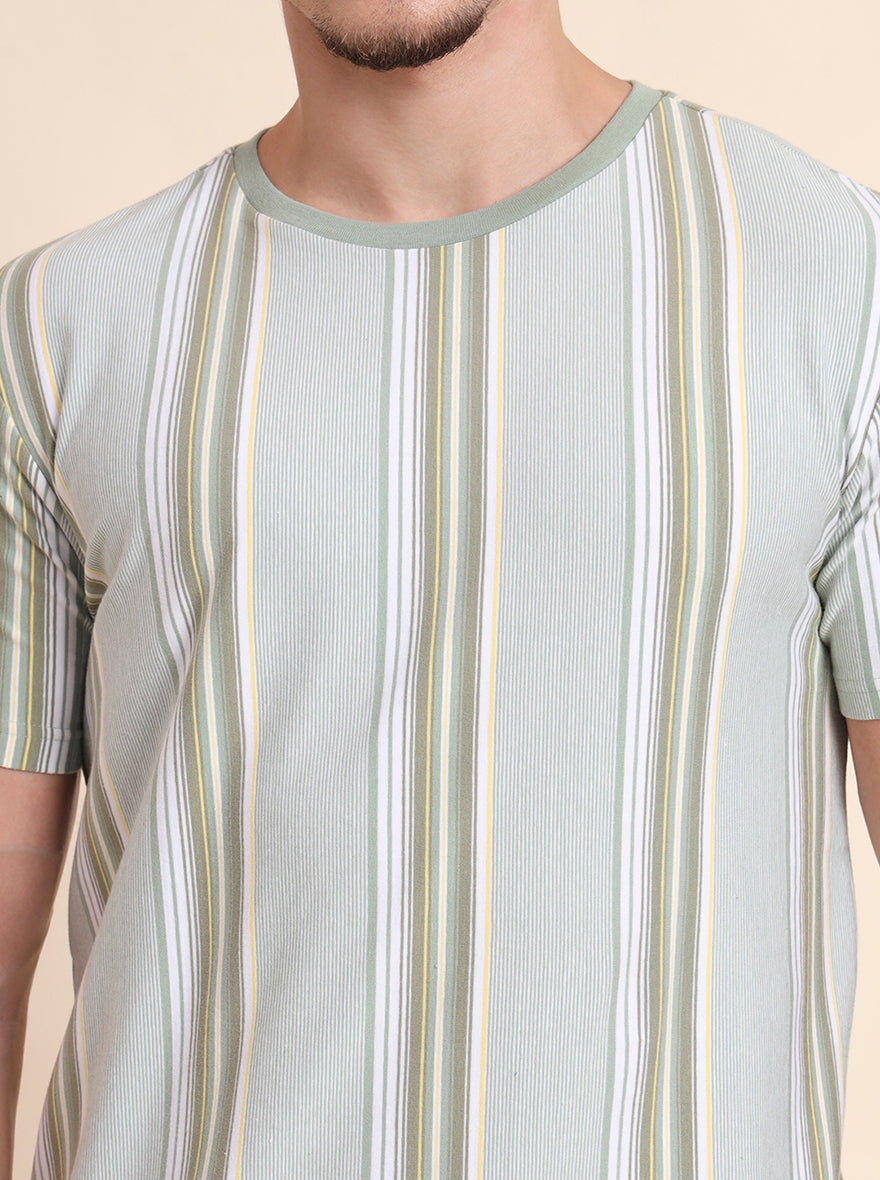 Pista Green Striped Slim Fit T-Shirt | JadeBlue