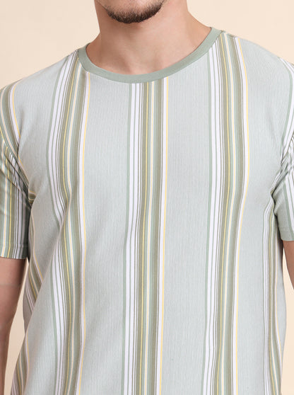 Pista Green Striped Slim Fit T-Shirt | JadeBlue