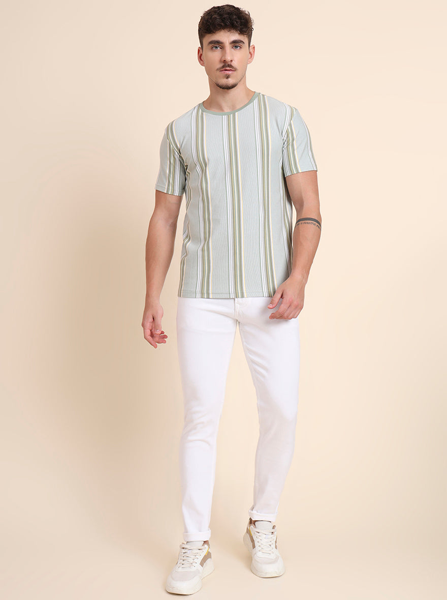 Pista Green Striped Slim Fit T-Shirt | JadeBlue