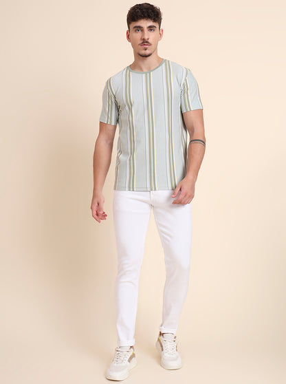 Pista Green Striped Slim Fit T-Shirt | JadeBlue