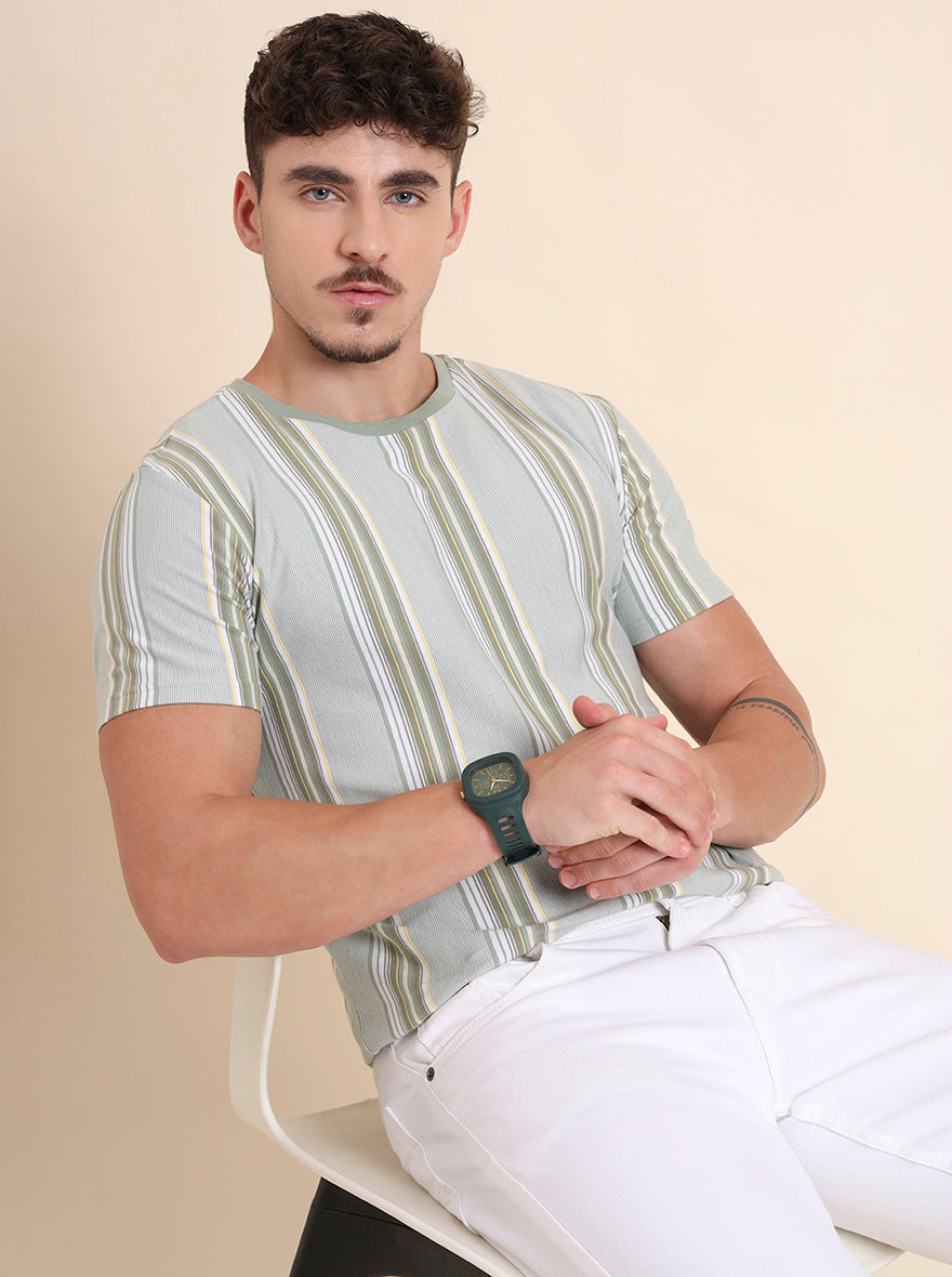 Pista Green Striped Slim Fit T-Shirt | JadeBlue